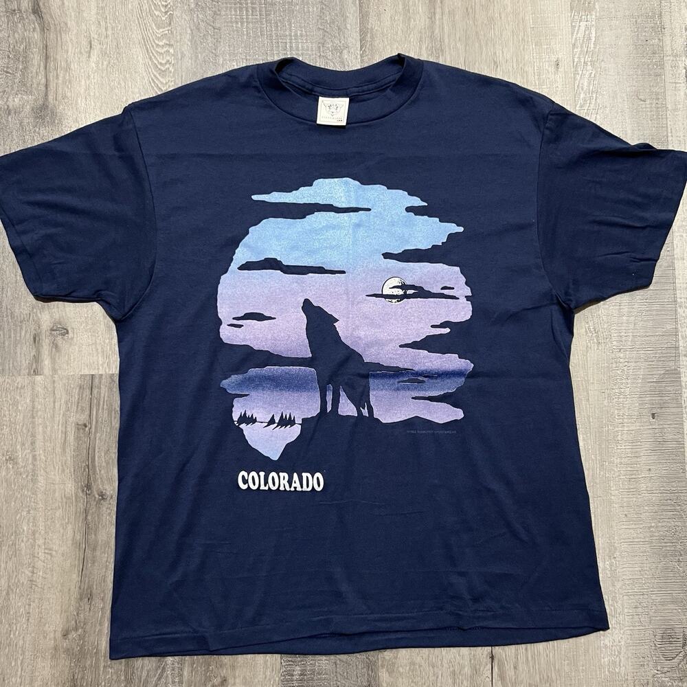 VTG Colorado Travel T Shirt 90s Blue Paper Thin Howling Wolf Sunset USA Size L